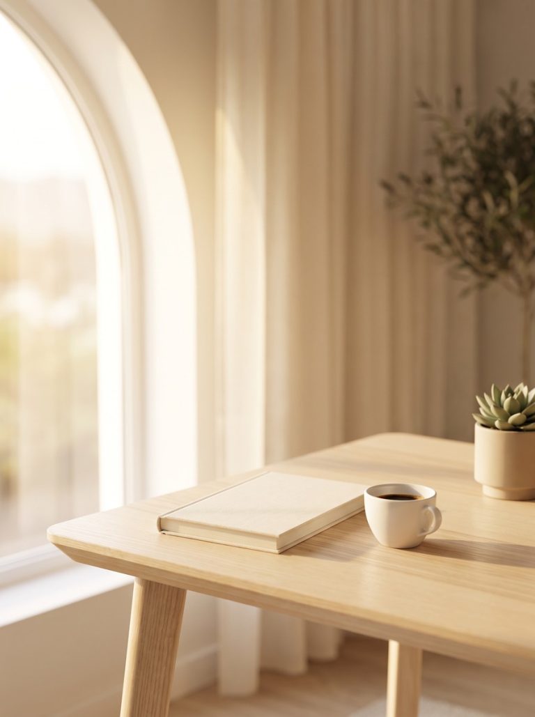 Espacio de trabajo sereno y ordenado junto a una ventana